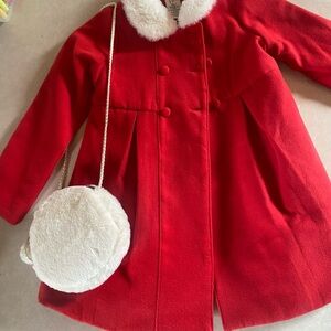 Max Studio Red Pea Coat with White Fur Collar and fur purse